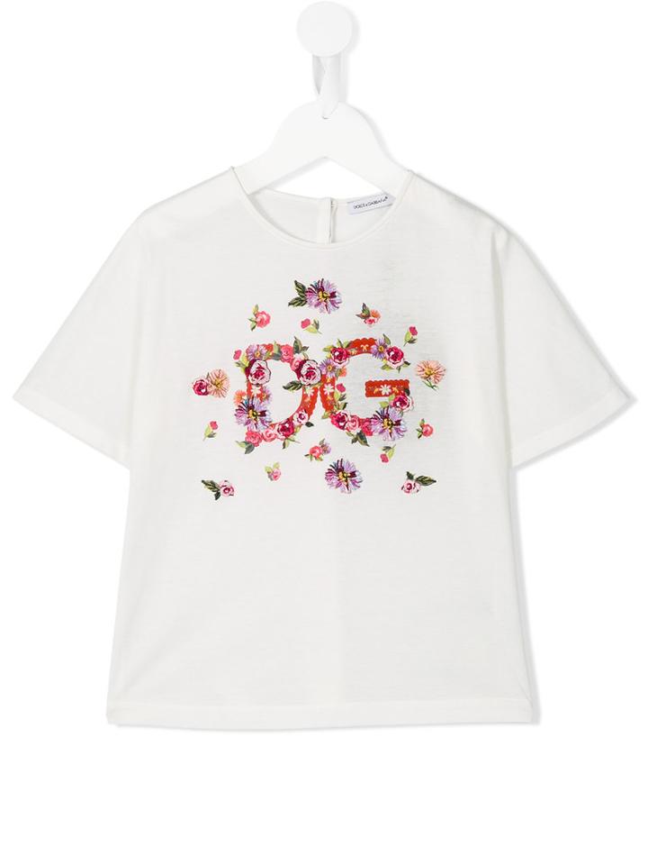 Dolce & Gabbana Kids Floral Embroidered Logo Print T-shirt, Girl's, Size: 6 Yrs, White