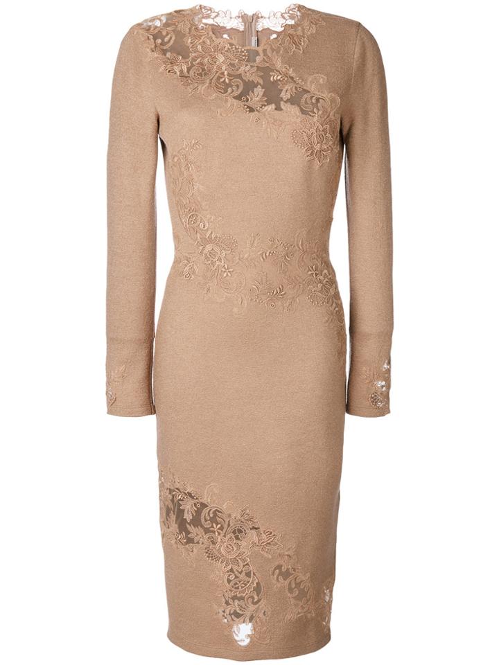 Ermanno Scervino Fitted Dress With Floral Embroidered Insets - Brown