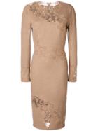 Ermanno Scervino Fitted Dress With Floral Embroidered Insets - Brown