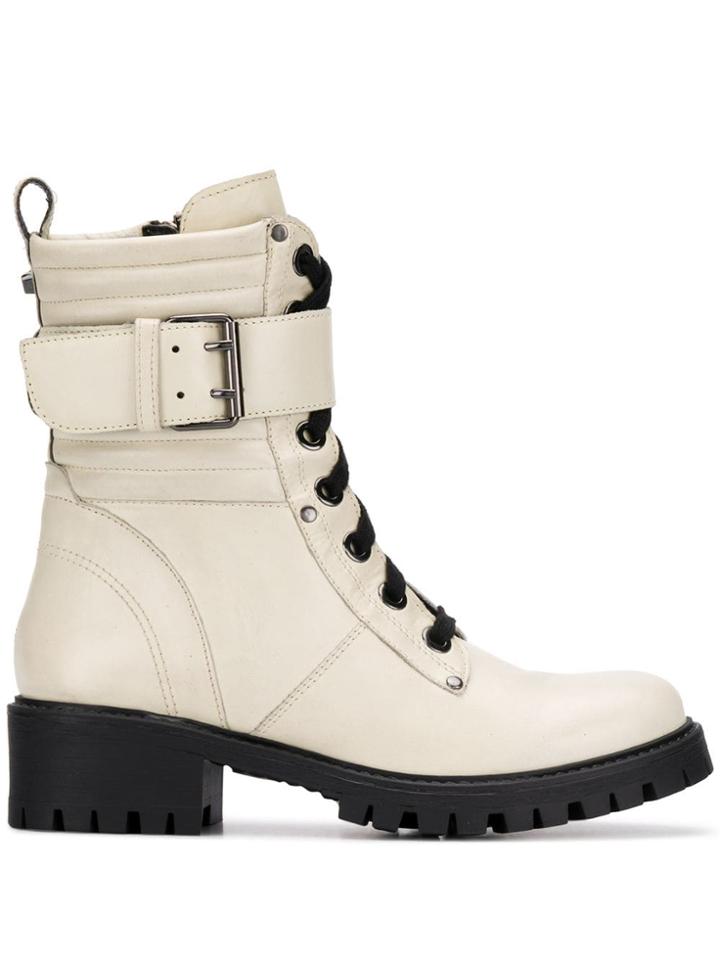 Twin-set Buckle Strap Lace-up Boots - Neutrals