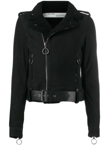 Off-white Shearling-trimmed Suede Jacket - Black