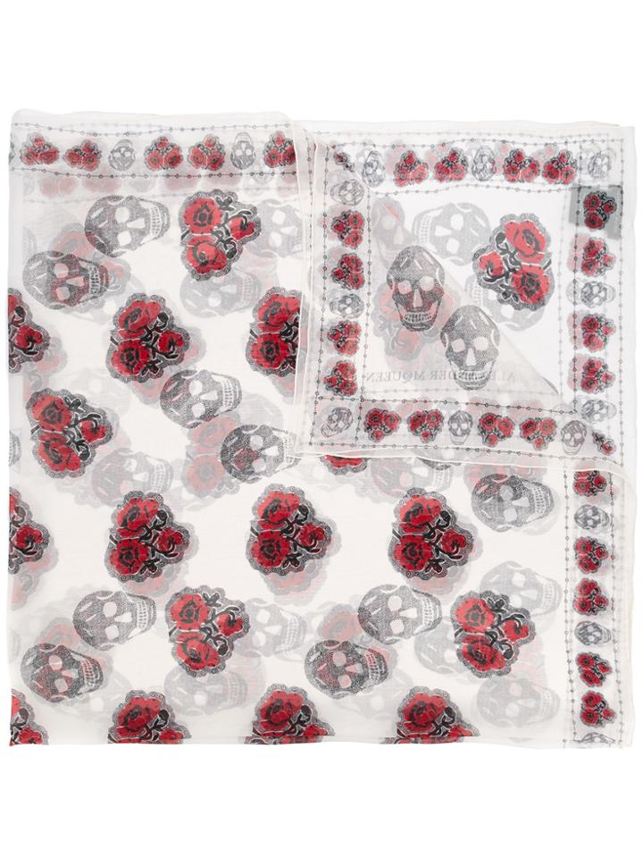 Alexander Mcqueen Poppy And Skull Scarf - White
