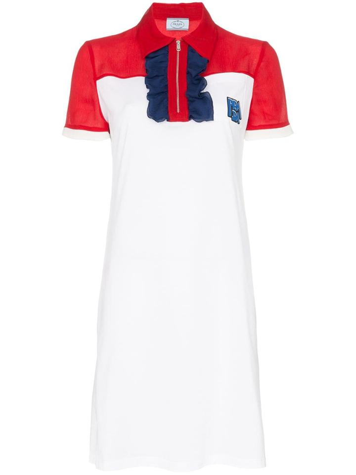 Prada Ruffle Front Polo Zip Cotton-silk Blend Dress - White
