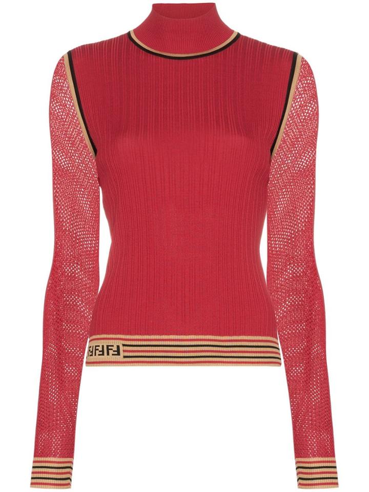Fendi Turtleneck Ribbed Silk Knit Top - Red