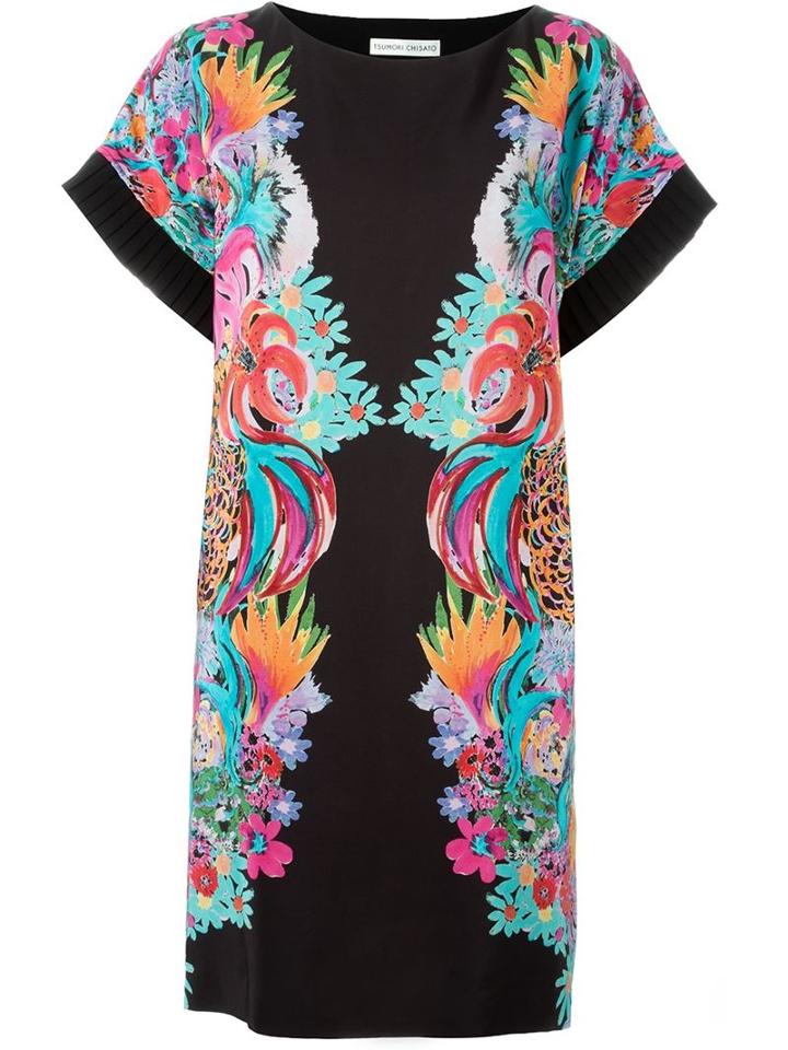 Tsumori Chisato Floral Print Shift Dress, Women's, Size: 3, Black, Polyester/silk/cotton/polyurethane