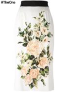 Dolce & Gabbana Rose Print Skirt, Women's, Size: 44, White, Silk/spandex/elastane