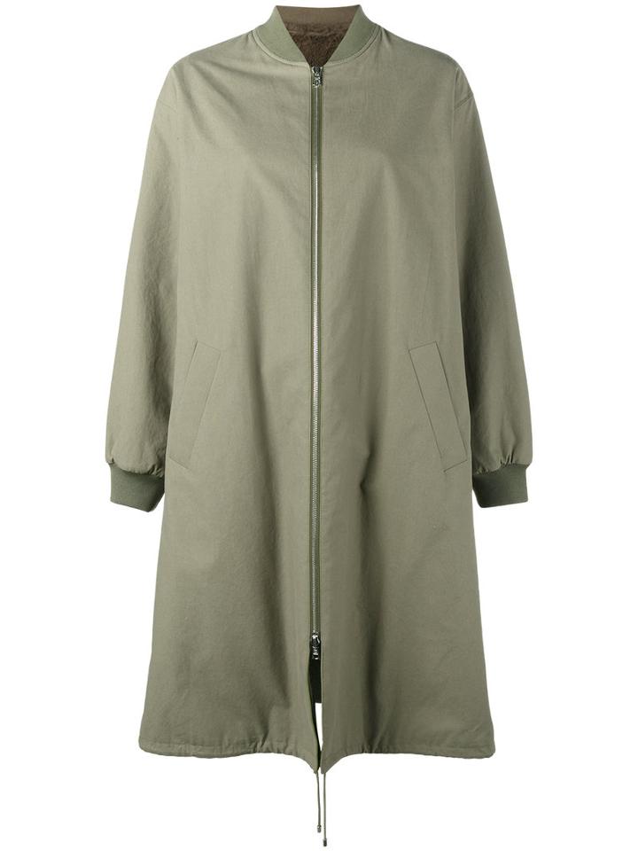 Army Yves Salomon Reversible Long Bombercoat, Women's, Size: 40, Green, Cotton/rabbit Fur/polyester