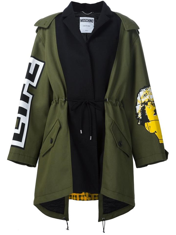 Moschino Oversize Patchwork Parka, Women's, Size: 40, Green, Cotton/polyamide
