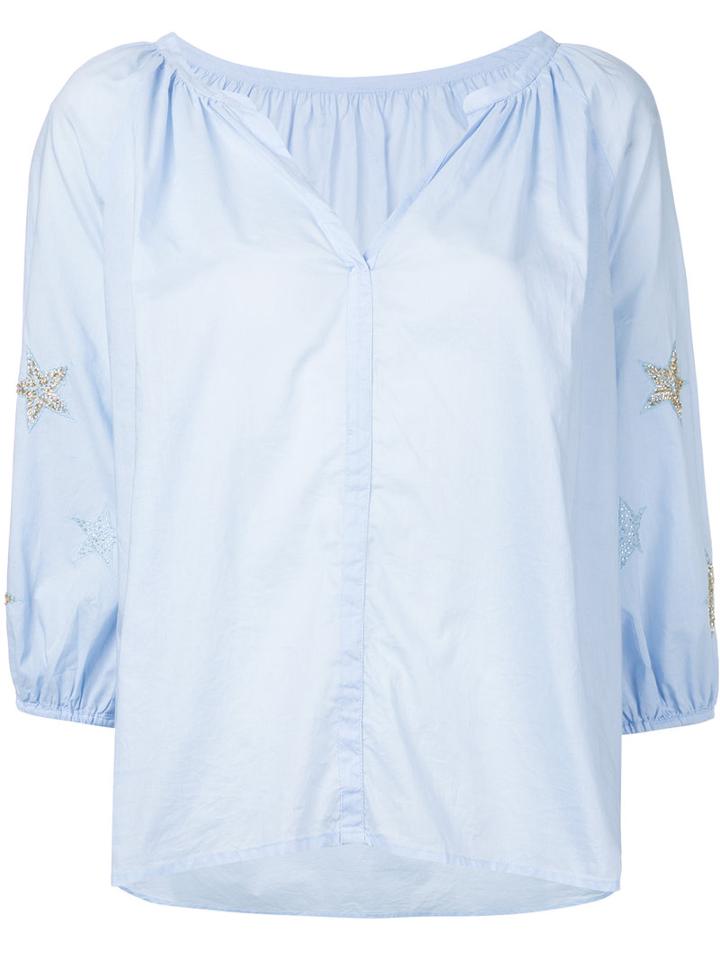 Cityshop - Star Sleeve Placket Top - Women - Silk/cotton/rayon - One Size, Blue, Silk/cotton/rayon