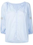 Cityshop - Star Sleeve Placket Top - Women - Silk/cotton/rayon - One Size, Blue, Silk/cotton/rayon