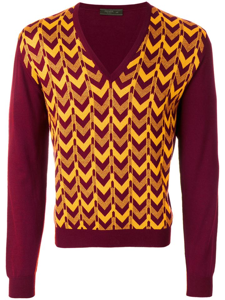 Prada Chevron V-neck Pullover - Red