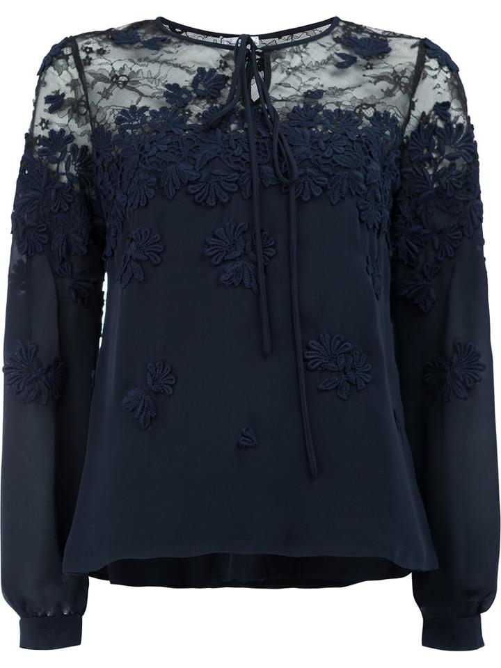 Oscar De La Renta Floral Embroidered Lace Panel Blouse, Women's, Size: 8, Blue, Silk/cotton/polyester