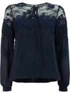 Oscar De La Renta Floral Embroidered Lace Panel Blouse, Women's, Size: 8, Blue, Silk/cotton/polyester