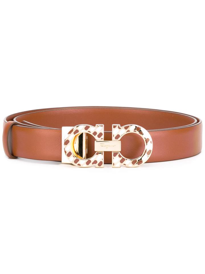 Salvatore Ferragamo Double Gancio Buckle Belt, Men's, Size: 85, Brown, Calf Leather