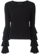 Norma Kamali Layered Ruffled Longsleeved T-shirt, Women's, Size: Small, Black, Polyester/spandex/elastane