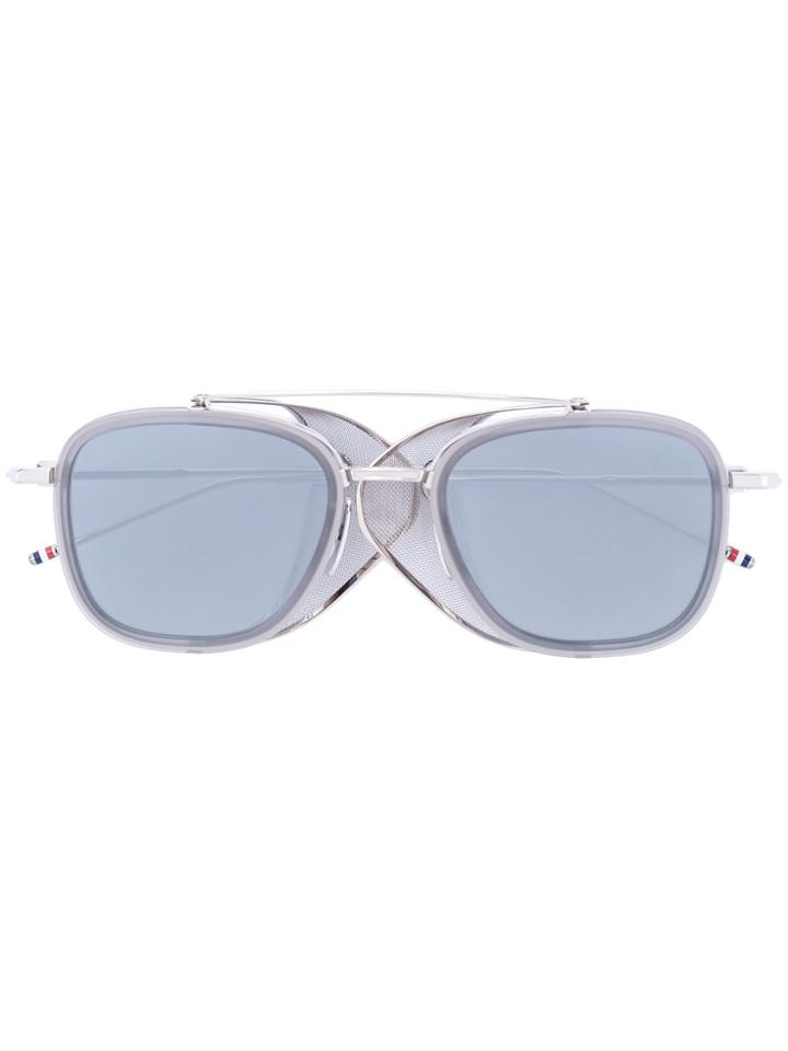 Thom Browne Eyewear Silver Sunglasses With Mesh Sides & Grey Lens -