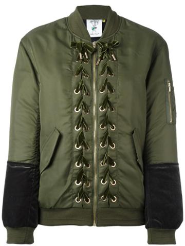 Steve J & Yoni P Lace-up Detailing Bomber Jacket, Women's, Size: Medium, Green, Acrylic/nylon/polyester/wool