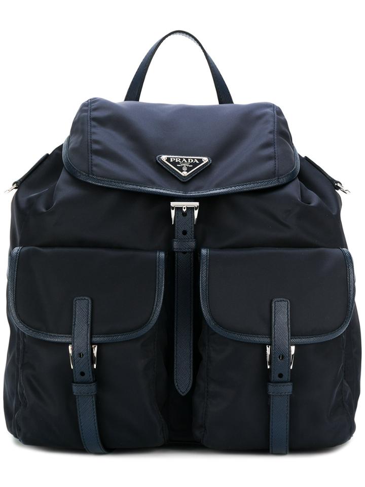 Prada Leather-trimmed Backpack - Blue