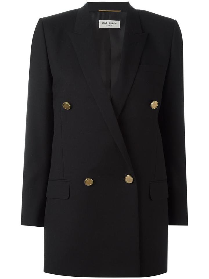 Saint Laurent Long Double Breasted Tube Jacket, Women's, Size: 40, Black, Silk/virgin Wool/cotton