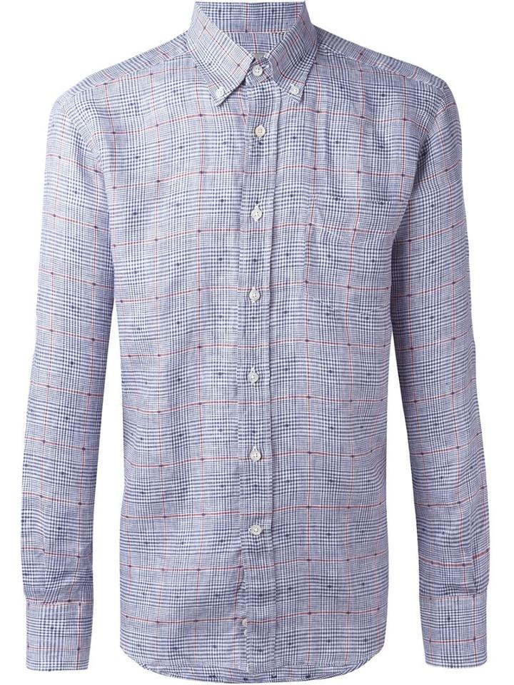Canali Plaid Button Down Shirt, Men's, Size: Xl, Blue, Linen/flax