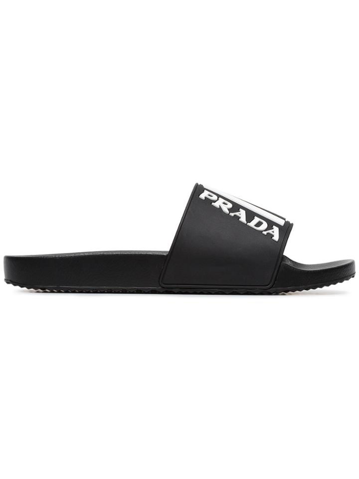 Prada Black And White Logo Embossed Pool Slides