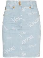 Versace High Waisted Logo Print Denim Skirt - Blue