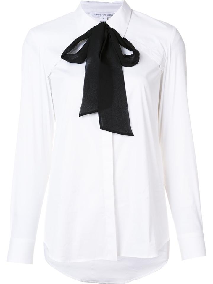 Diane Von Furstenberg Pussy-bow Collar Shirt, Women's, Size: 2, White, Cotton/polyamide/spandex/elastane