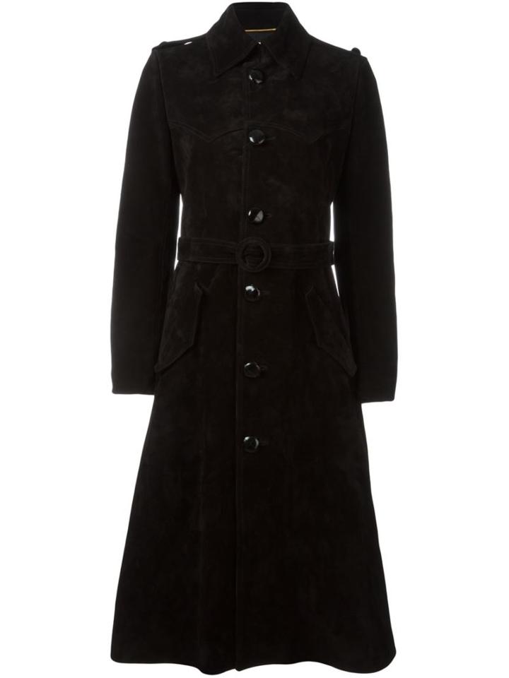 Saint Laurent Buttoned Long Coat, Women's, Size: 42, Black, Silk/calf Suede