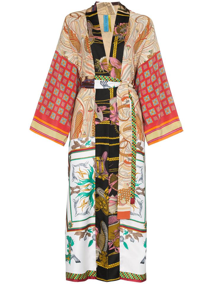 Rianna + Nina Long Multi Floral Square Print Silk Kimono Robe -