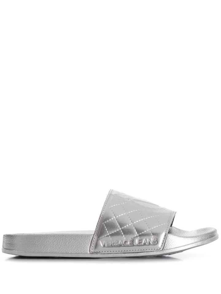 Versace Jeans Embossed Logo Slides - Silver