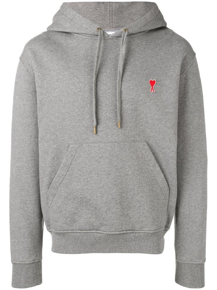 Ami Paris Hoddie Sweatshirt With Red Ami De Coeur Patch - Grey