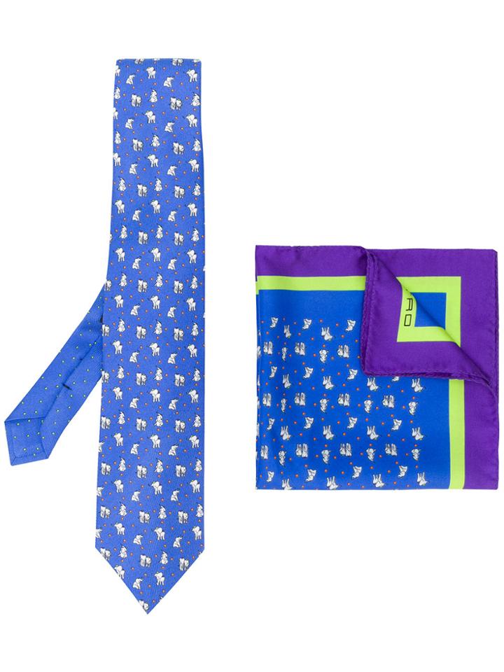 Etro Elephant Print Tie And Pocket Square - Blue
