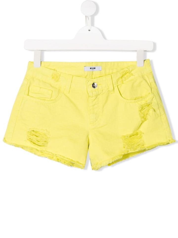 Msgm Kids Teen Distressed Denim Shorts - Yellow