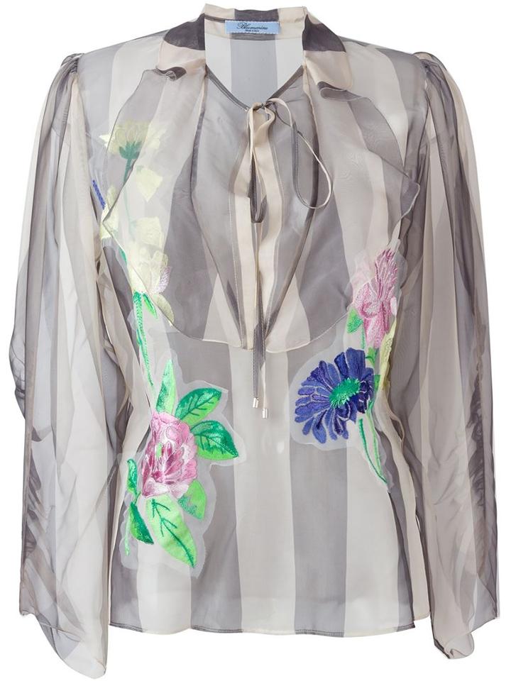 Blumarine Floral Appliqué Striped Blouse, Women's, Size: 42, Nude/neutrals, Silk/polyester/viscose/polyamide