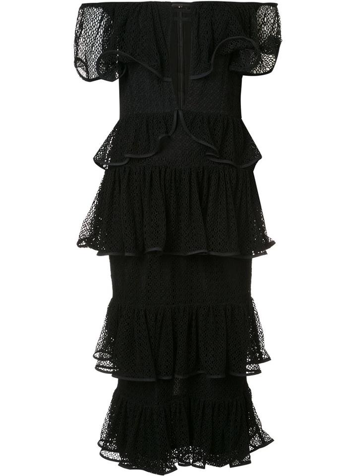 Maki Oh - Tiered Lace Off-shoulder Dress - Women - Polyester/spandex/elastane - Xs, Black, Polyester/spandex/elastane