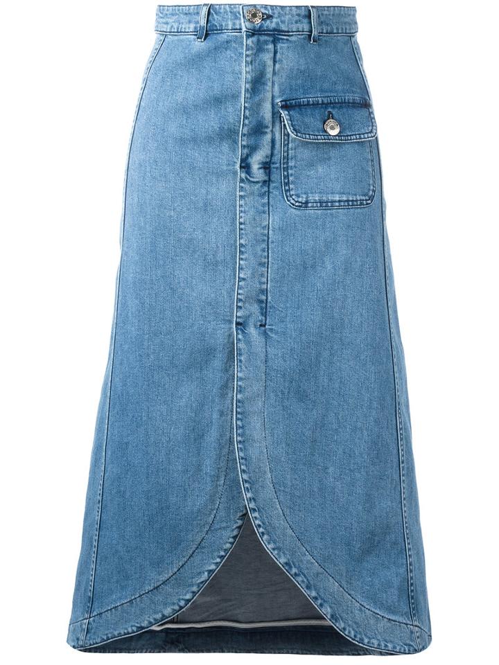See By Chloé Curved Hem Denim Skirt, Women's, Size: 38, Blue, Cotton/spandex/elastane
