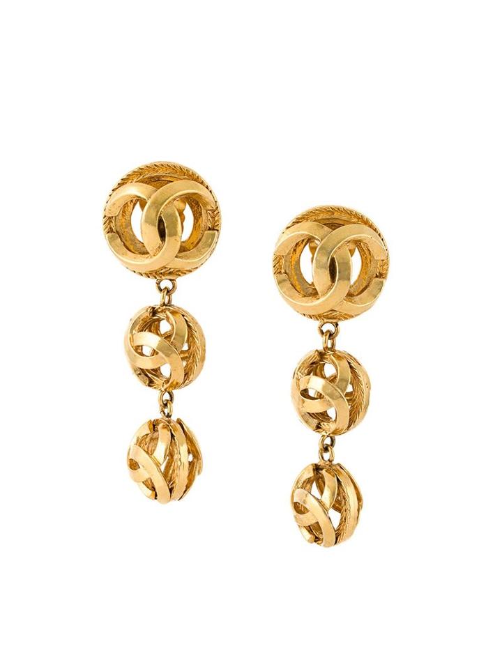 Chanel Vintage Logo Orb Drop Clip-on Earrings