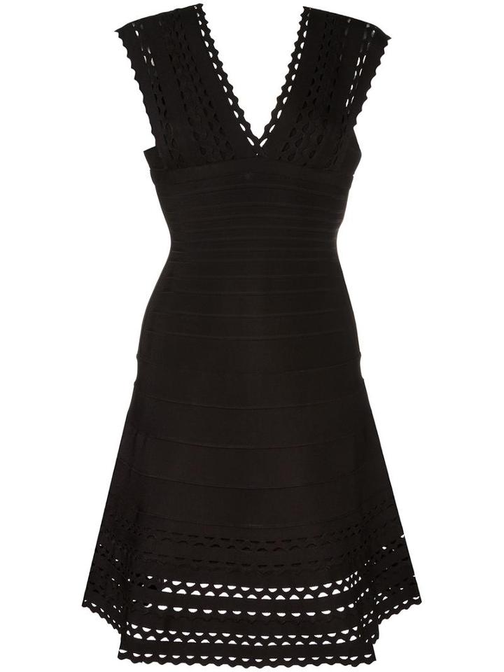 Hervé Léger V-neck Flared Dress, Women's, Size: Small, Black, Rayon/spandex/elastane/nylon