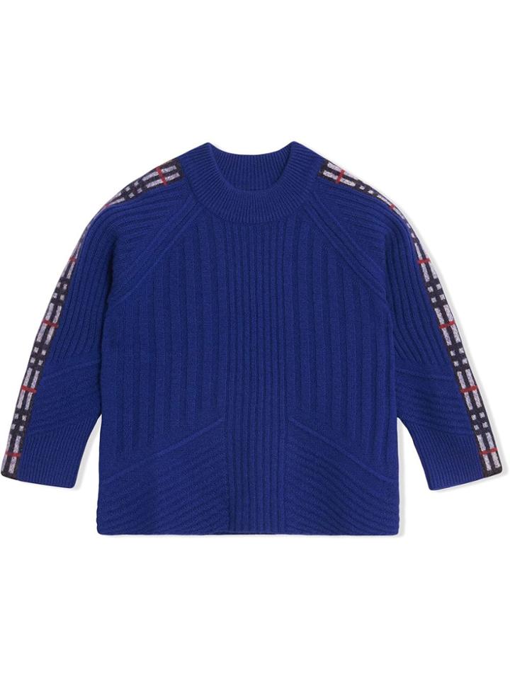 Burberry Kids Check Detail Wool Cashmere Sweater - Blue