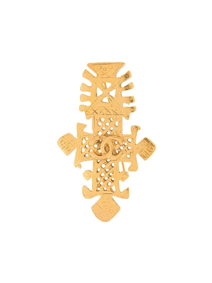 Chanel Vintage Cross Motif Cc Brooch - Gold