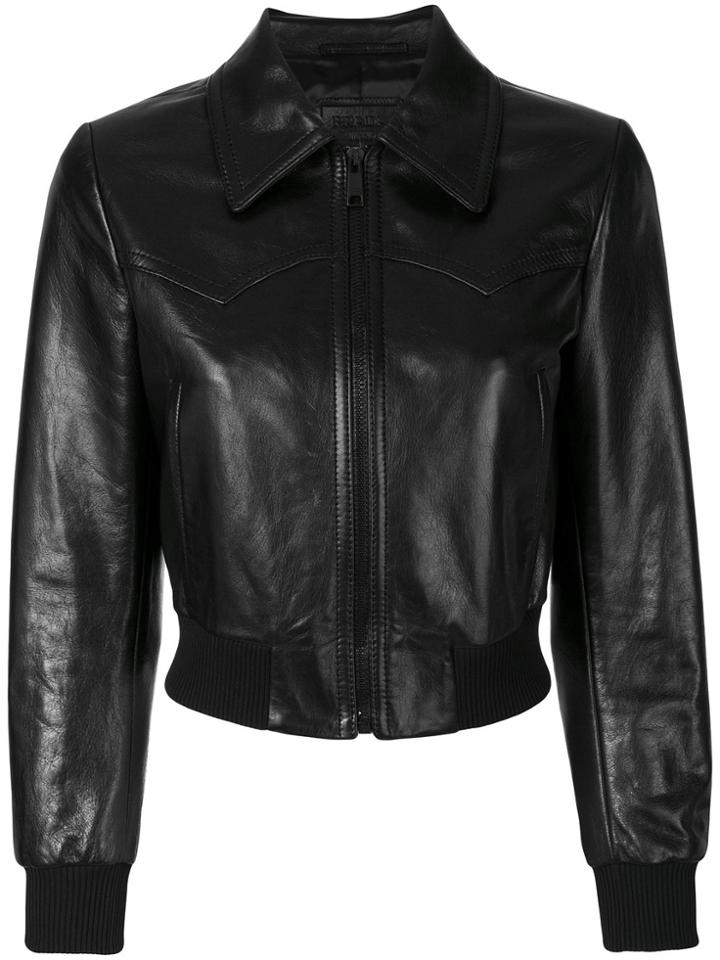 Prada Cropped Zip Leather Jacket - Black
