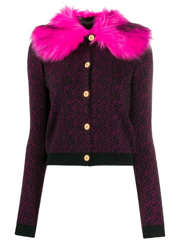 Versace Faux Fur Trim Cardigan - Black