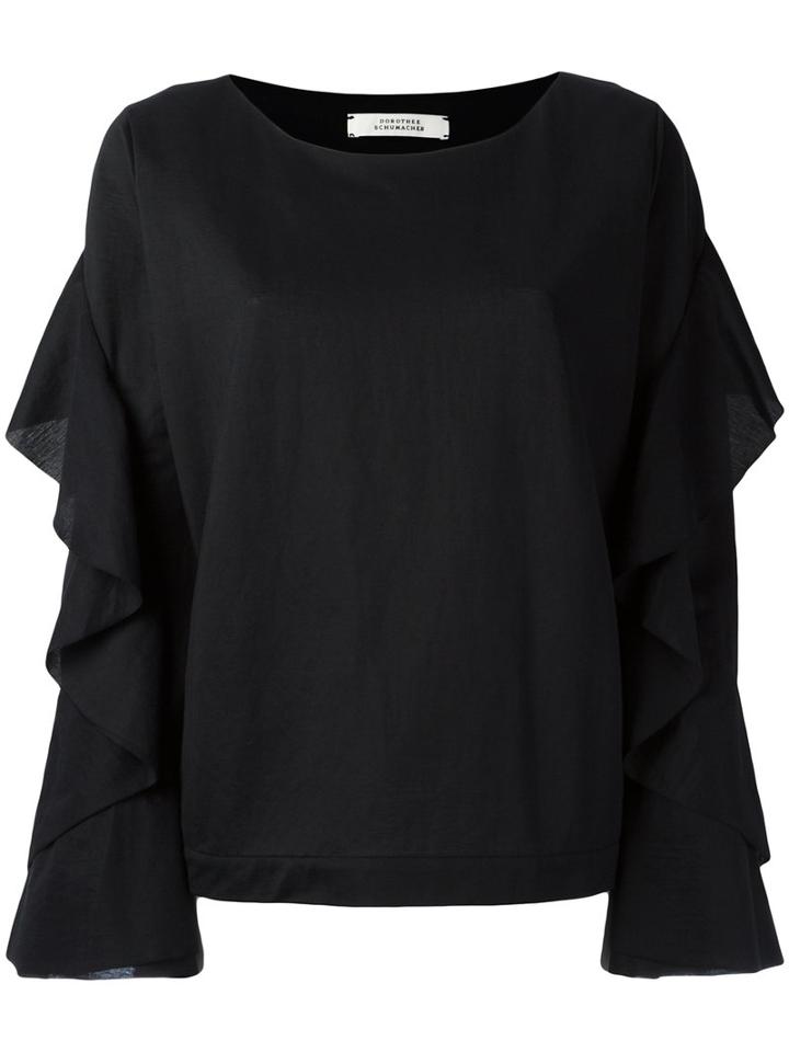 Dorothee Schumacher Ruffled Longsleeved Blouse, Women's, Size: 3, Black, Cotton/polyamide