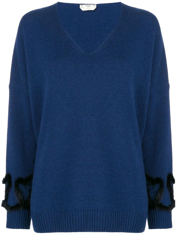 Fendi Embellished V-neck Knit Sweater - Blue