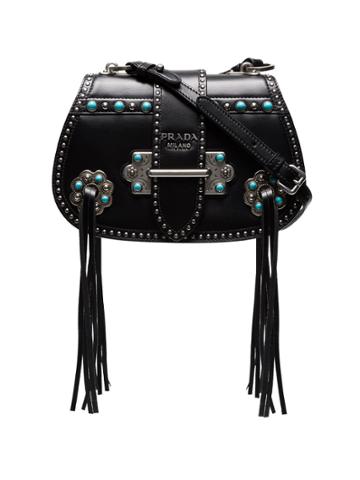 Prada Black Folk Saddle Leather Cross Body Bag