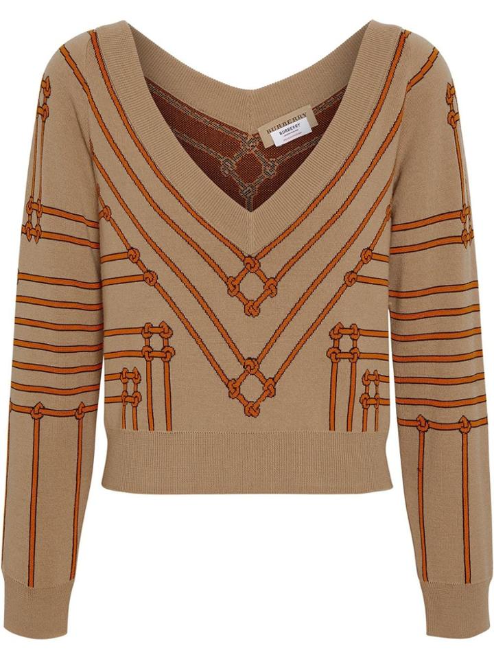 Burberry Rope Silk Wool Jacquard V-neck Sweater - Neutrals