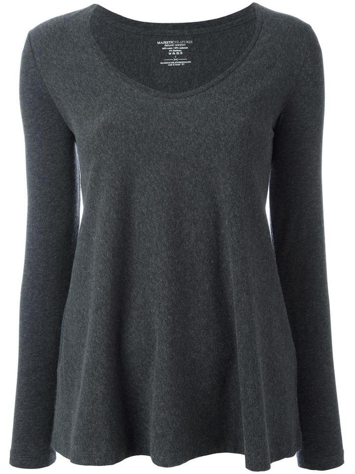 Majestic Filatures Round Neck Flared Blouse, Women's, Size: 2, Grey, Cotton/elastodiene/cashmere