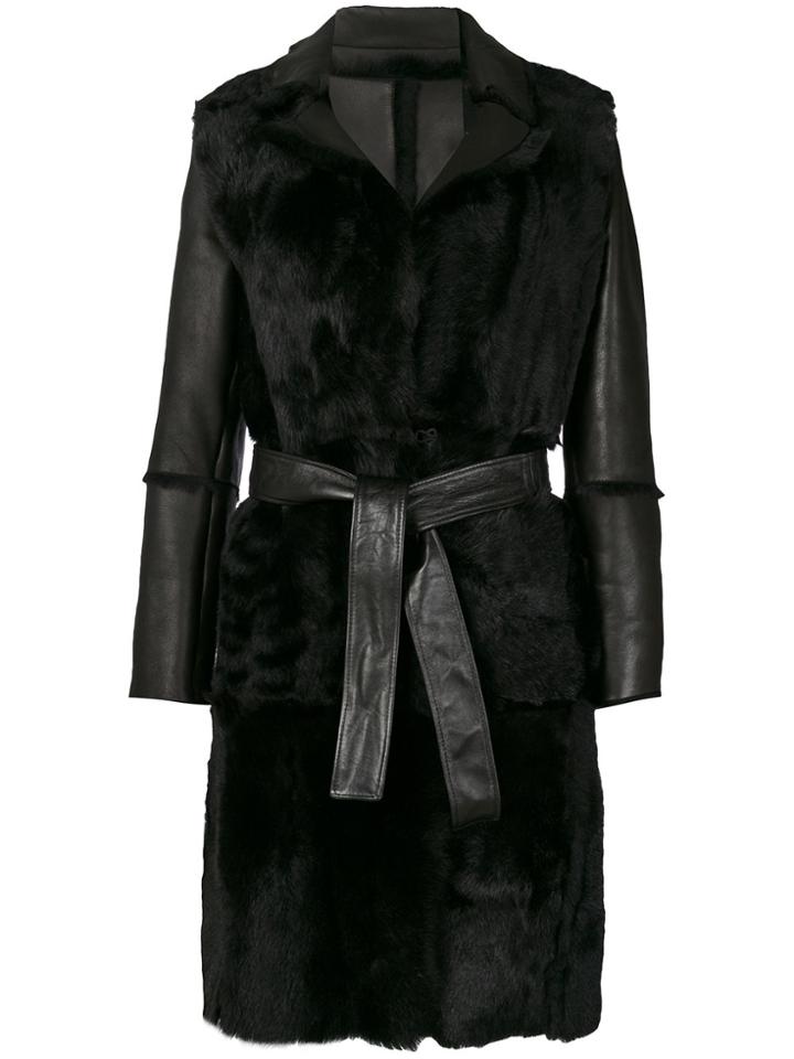 Twin-set Contrast Sleeves Belted Coat - Black