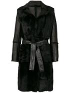 Twin-set Contrast Sleeves Belted Coat - Black