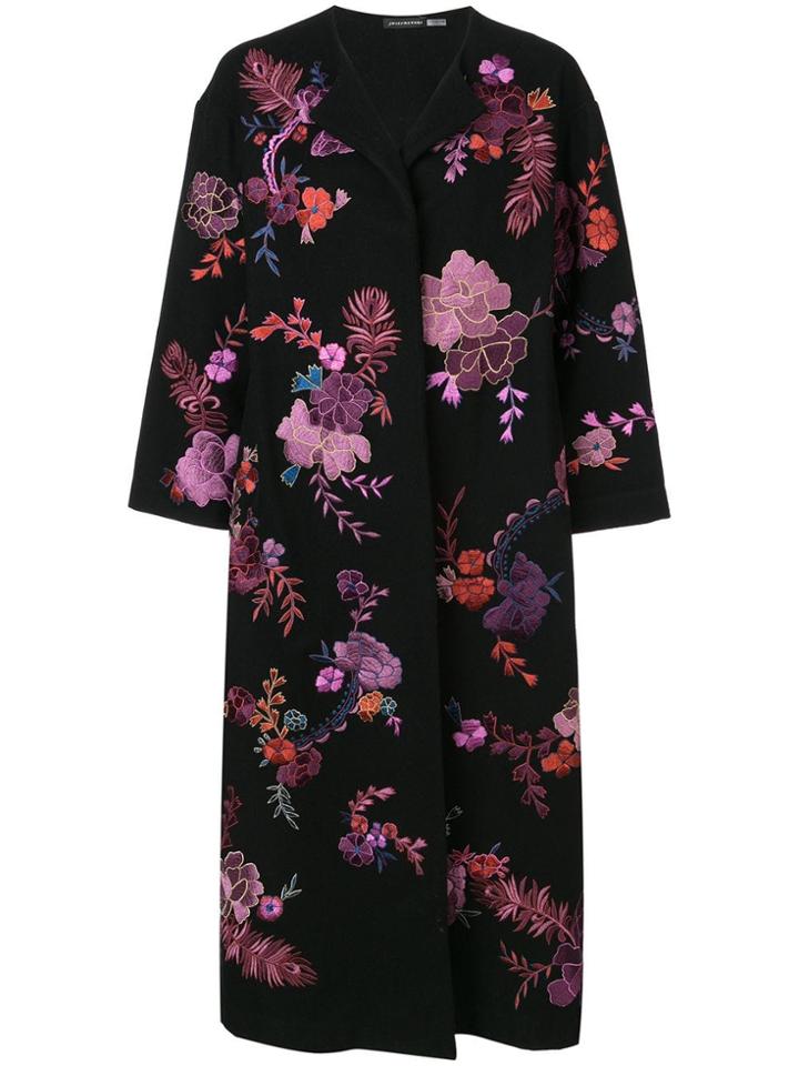 Josie Natori Floral Embroidered Felted Coat - Black